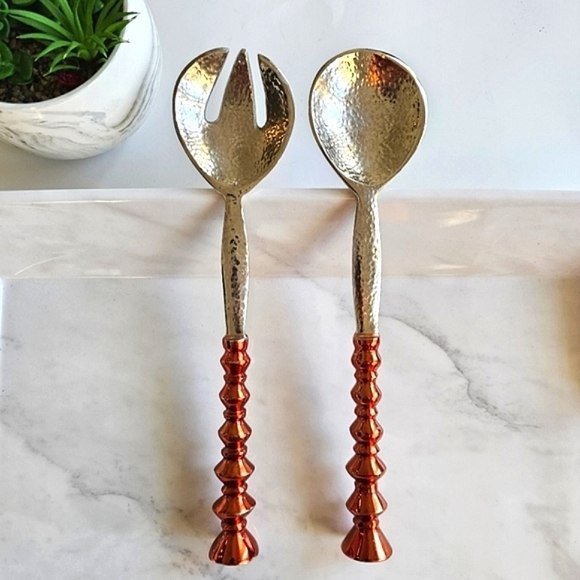 Vintage Copper Handled Metal Salad Servers, 12" Spoon Fork Salad Serving Set - Picture 2 of 13